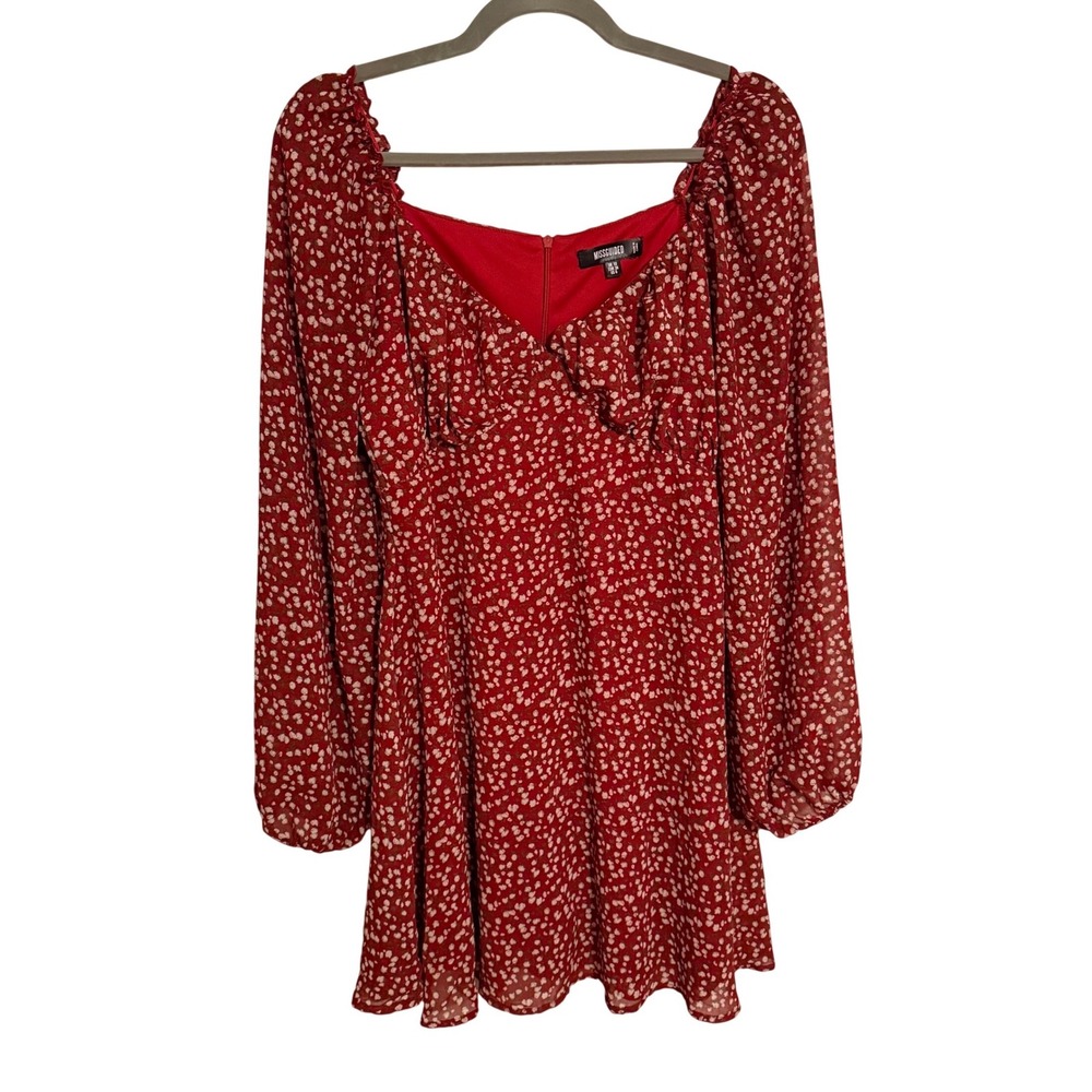 Missguided Red Floral Long Sleeve Mini Dress Sweetheart Neck Ruffle Bust Size‎ 6